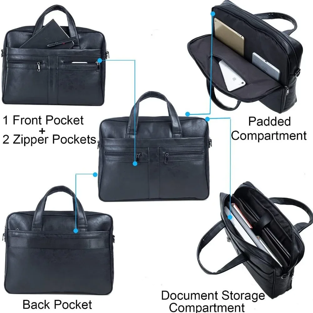 Men's Black Leather Messenger and Laptop bag 15.6 inch